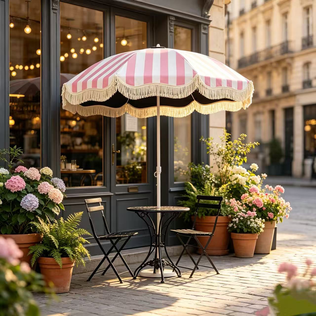 Outdoor Furniture Yellow - مظلة شاطئية مزخرفة بشراشيب، مظلة مخططة