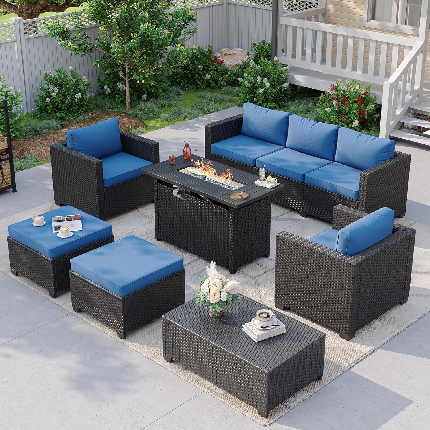 أريكة خارجية زرقاء داكنة مع طا - مراجعة Outdoor Furniture Fire Pit Set وسعره