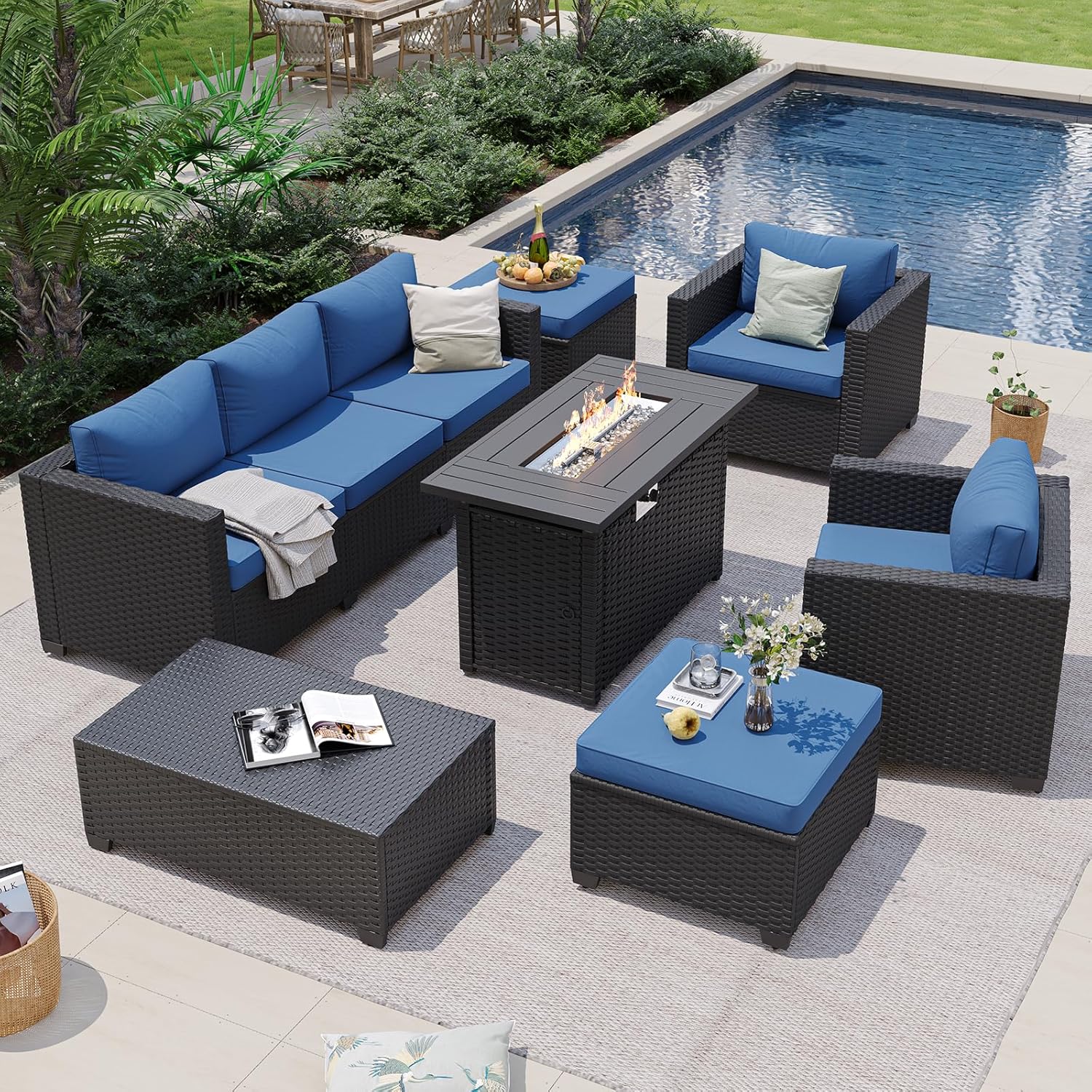 أريكة خارجية زرقاء داكنة مع طا - مراجعة Outdoor Furniture Fire Pit Set وسعره